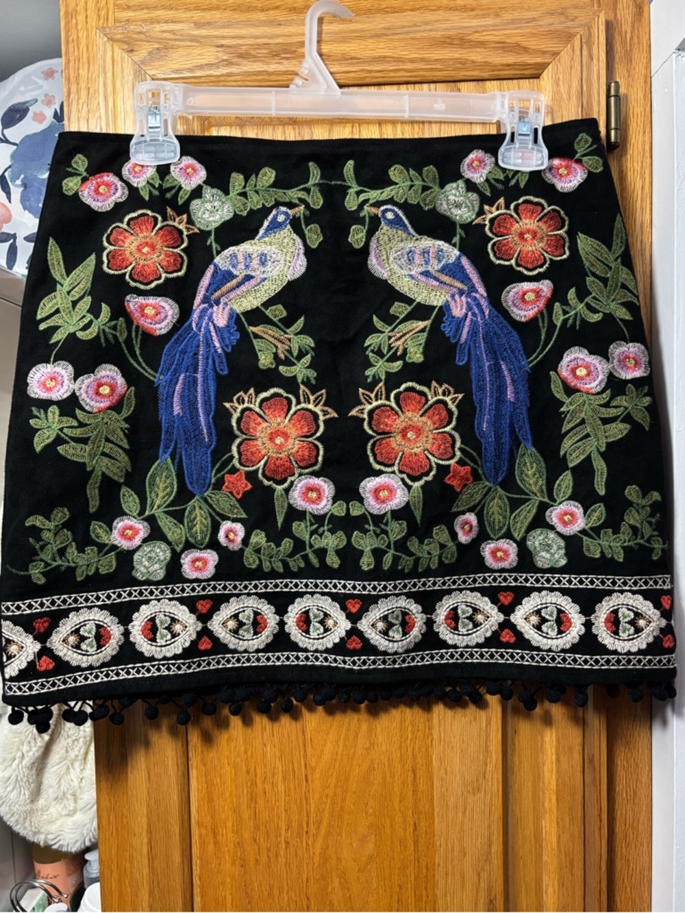 Umgee Black Mini Skirt with Embroidered Birds and Floral Motif